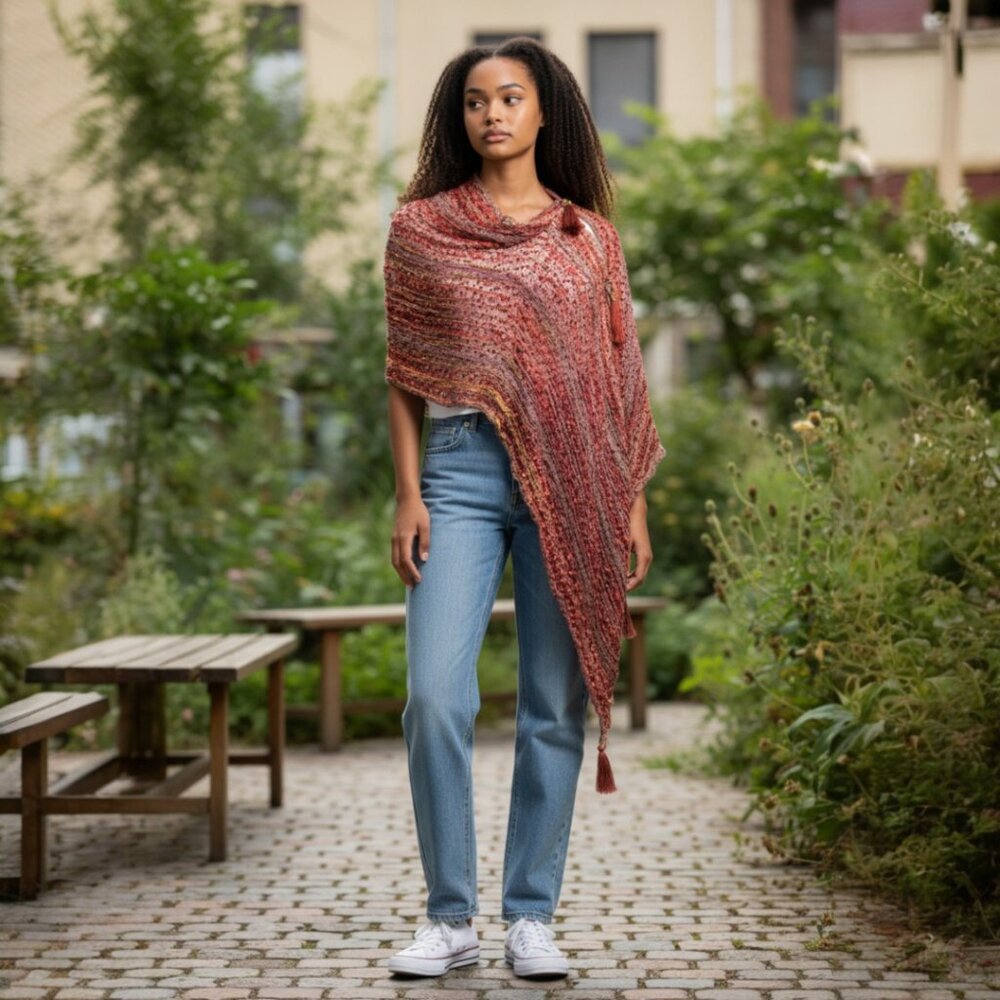 Red Salmon Purple Gold Stripe Poncho Vest Scarf Adjustable Tassel…